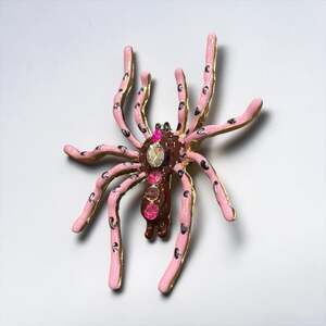Pink Spider Brooch Rhinestone Enamel Long Legs Gold Tone Whimsical Gothic Pin